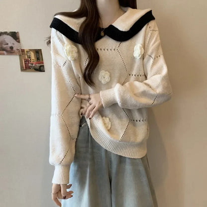 2025 French Gentle Style Soft Glutinous Doll Collar Sweater for Women in Autumn Winter Loose Slim Versatile Pullover Style.