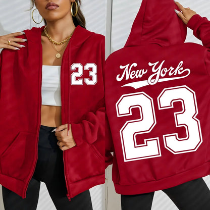 New York Number 23 Art Letter Printing Women Zipper Hoodie Fashion Hoodies Fleece Sportswears Autumn Casual Female Hoody.