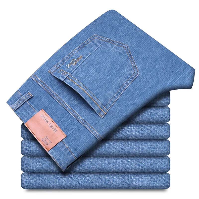 2024 New Brand Men's Fit Straight Lightweight Cotton Stretch Denim Pants Casual Male High Waist Thin Light Blue Business Jeans.
