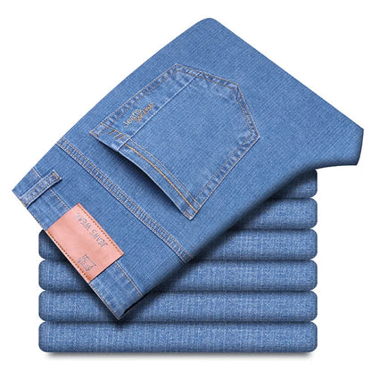 2024 New Brand Men's Fit Straight Lightweight Cotton Stretch Denim Pants Casual Male High Waist Thin Light Blue Business Jeans.