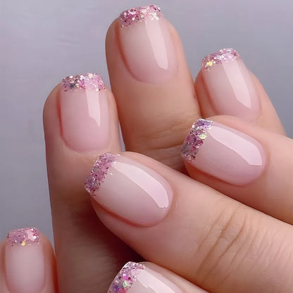 24Pcs Short False Nails with Shimmery Powder Ballet Nail Art Full Cover French Sheer Wearable Nail Manicure Tips for Girls Daily