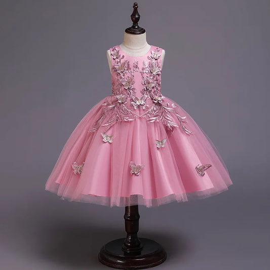 Elegantes Kleid für Mädchen, Abend, Hochzeit, Schmetterlingsapplikationen, Netzstoff, Prinzessinnenkleid für Kinder, Geburtstagsfeier, Abschlussball, Performance-Kleid