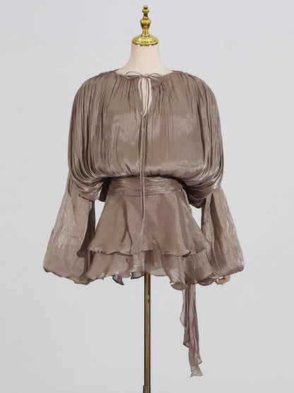 GALCAUR Solide Lose Splicd Lace Up Kleider Für Frauen V-ausschnitt Mit Langen Ärmeln Patchwork Rüschen Tunika Kleider Weibliche Mode Neue