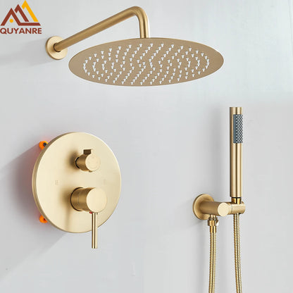 Brushed Gold Shower Faucets Set Rainfall Shower System Concealed Hot Cold Water Mixer Tap Bathroom Round Shower Faucet