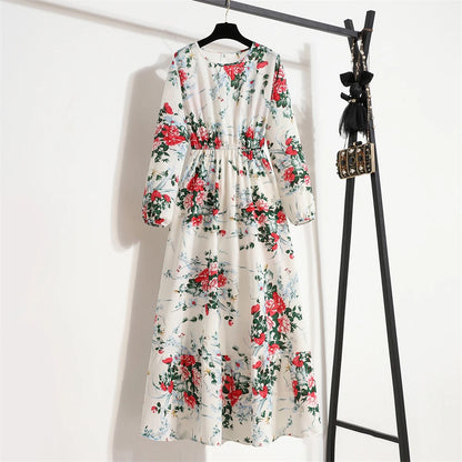 Frühling Sommer Frauen Maxi Kleider Casual Volle Hülse Floral Gedruckt Oansatz Frau Bohe Strand Party Lange Kleid Mujer Vestidos