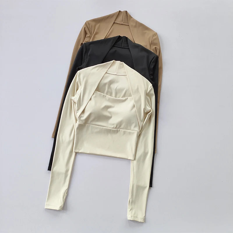 Fitness Chest Cushion Sports Top Women Long Sleeve Shirts Pra Speed Up Short Elegant Dance Yoga Clothes Small Waistband Gym.