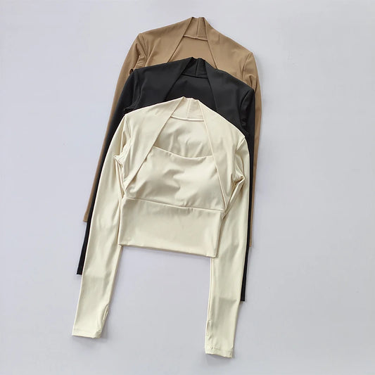 Fitness Chest Cushion Sports Top Women Long Sleeve Shirts Pra Speed Up Short Elegant Dance Yoga Clothes Small Waistband Gym.