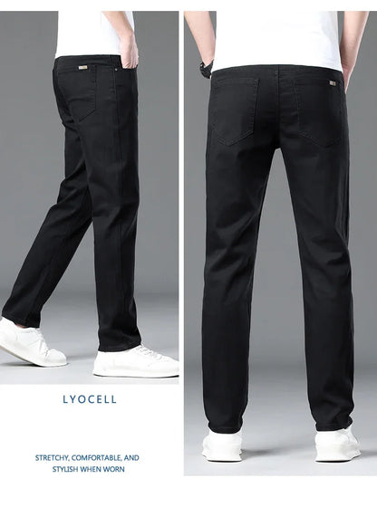 Summer Lyocell Ultra-thin Jeans Men Straight Stretch Breathable Denim Pants Fashion Business Casual Male Trousers Black Gray.