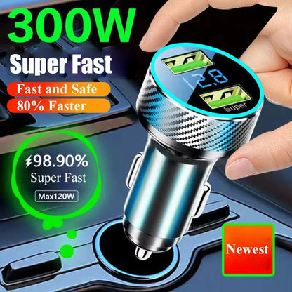 2 in 1 USB Car Charger Adapter 300W Super Fast Charge with Voltage Monitor for iPhone Samsung iPad Huawei Oneplus OPPO VIVO.