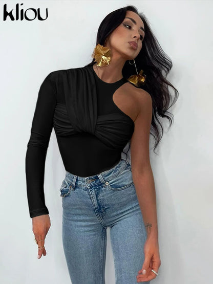 kliou Classic Solid Women Bodysuits Autumn All-matched Stacked Ruched Incline Shoulder Skinny Rompers Female Trend Street  Tops.