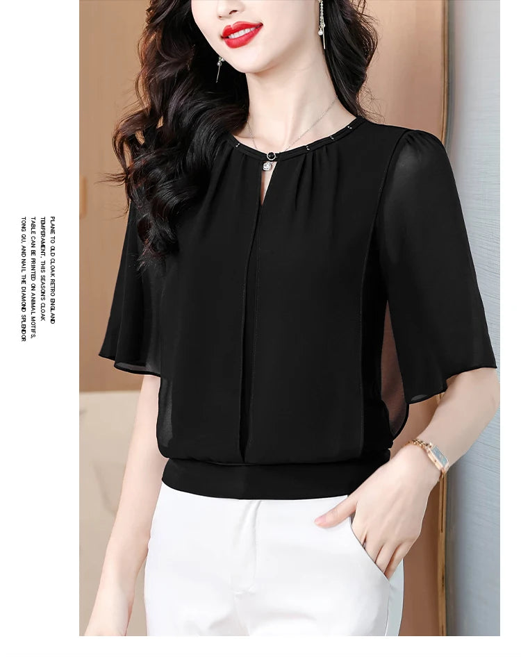 Summer Clothing Half Sleeve Chiffon Blouse 2025 New Fashion Loose Women Tops Solid Color Casual Pullovers Shirt.