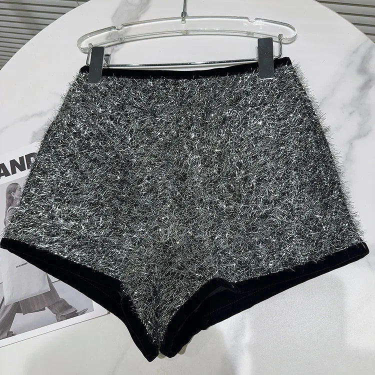 Trendy Women's Solid Color Bright Silk Woolen Shorts 2024 Autumn Fashion New Items High Waist Short Pants Female.