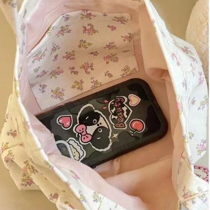 Large Capacity Printed Tote Bag Fashion Sweet with Lace Bow Storage Handbags Canvas Handbag.
