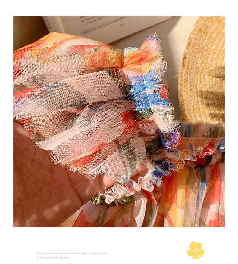 2023 sommer Kinder Kleidung Puff Sleeve Blumen Druck Kleid Für Mädchen Mesh Kinder Kleid für Mädchen.