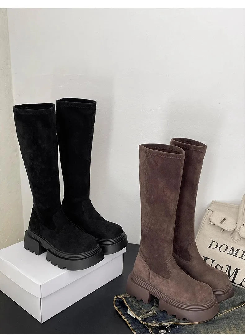 Winter Platform Punk Style Woman Knee High Boot Concise Slip On Elastic Slim Shoes Ladies Thick Bottom Knight Long Booties.