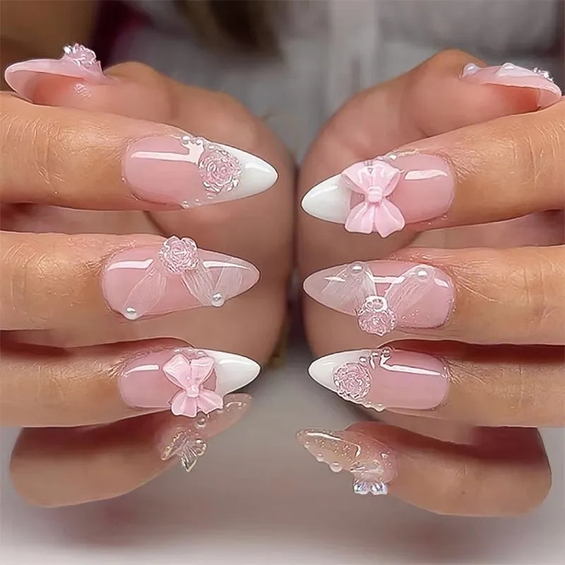 White Glitter Powder Bowknot Long Pointed Fake Nails Art Ballet False Nail Cow Print Pearl Rhinestone Pink Almond Press on Nails.