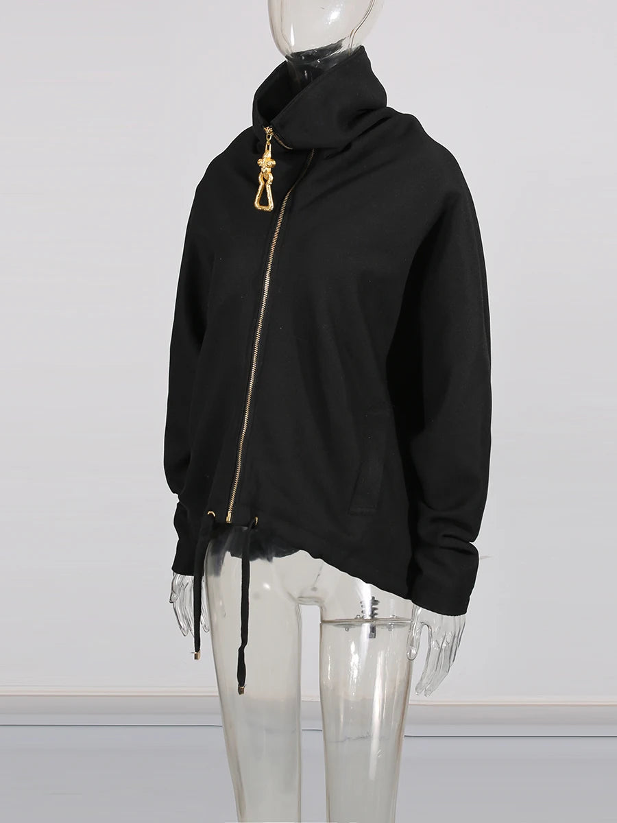 TWOTWINSTYLE Solid Loose Spliced Zipper Fashion Jackets for Women Lapel Long Sleeves Patchwork Lace Up Casual Jacket Female New.