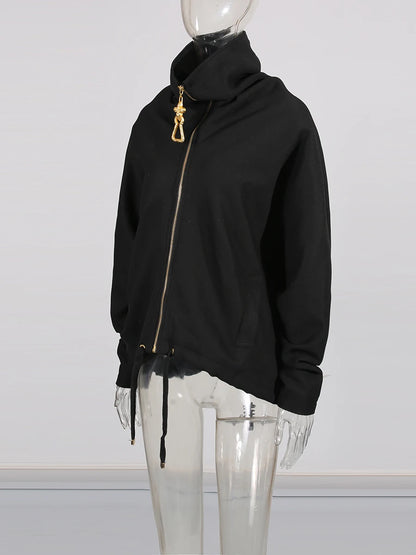 TWOTWINSTYLE Solid Loose Spliced Zipper Fashion Jackets for Women Lapel Long Sleeves Patchwork Lace Up Casual Jacket Female New.