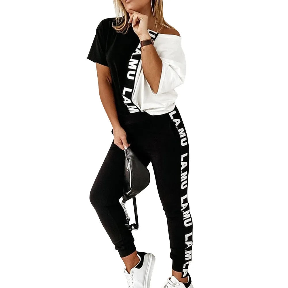 2023 Women's Spring Summer Sportswear Two-piece Set With Patchwork Letters Short Sleeved Long Pants Casual Women's Two-piece Set.