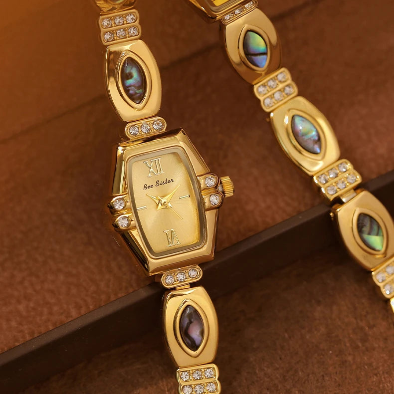 BS New Natural Black Gold Abalone Shell French Vintage Design Watch Woman Elegant Luxury Tonneau Dial Quartz Women's Watches.