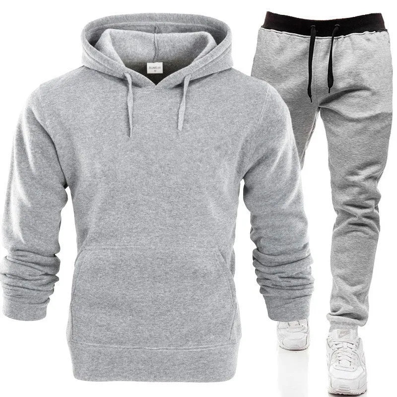 Men's Hooded Solid Color Pullover Set Two-Piece Sweater Sport Pants.