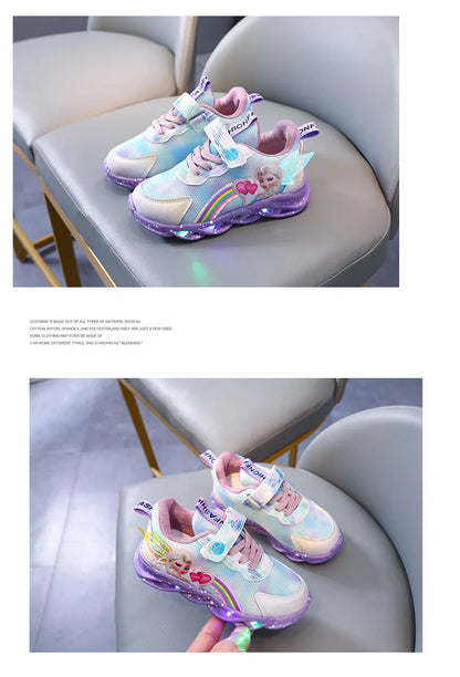 Disney Casual Sneakers LED Lighted For Spring Girls Frozen Elsa Princess Rainbow Outdoor Children Non-slip Pink Purple Shoes.