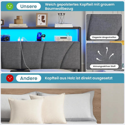 Metallbettgestell 140 x 200 cm mit LED-Beleuchtung, Kopfteil und Ladestation, integriertes Metallbett 140 x 200 mit Gitterbraten