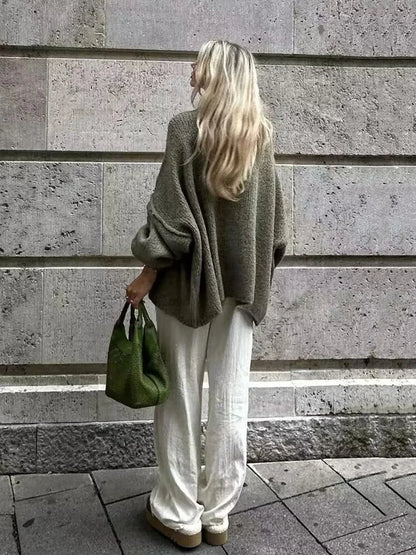 TRAF Women's Bat Sleeve Cardigan Sweater Temperament Lapel Metal Button Decoration Fashion Jacket Casual Commuter Women's Tops.