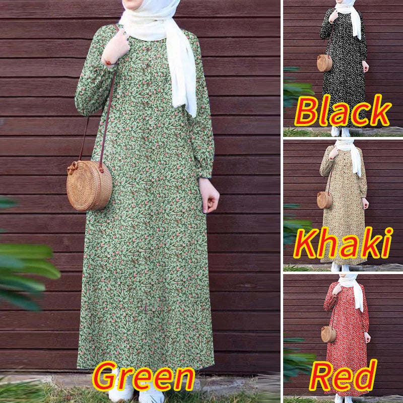 ZANZEA Islamic Women Floral Print Maxi Dress Long Sleeve Loose Casual Abaya Robes 2025 Spring Muslim Hijab O Neck Kaftan Dresses.