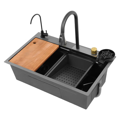 Küchenspüle aus Edelstahl, 70 x 35 x 20 cm, versenkte Spüle mit vier Auslassmodi, Küchenspüle-Set mit Schneidebrett