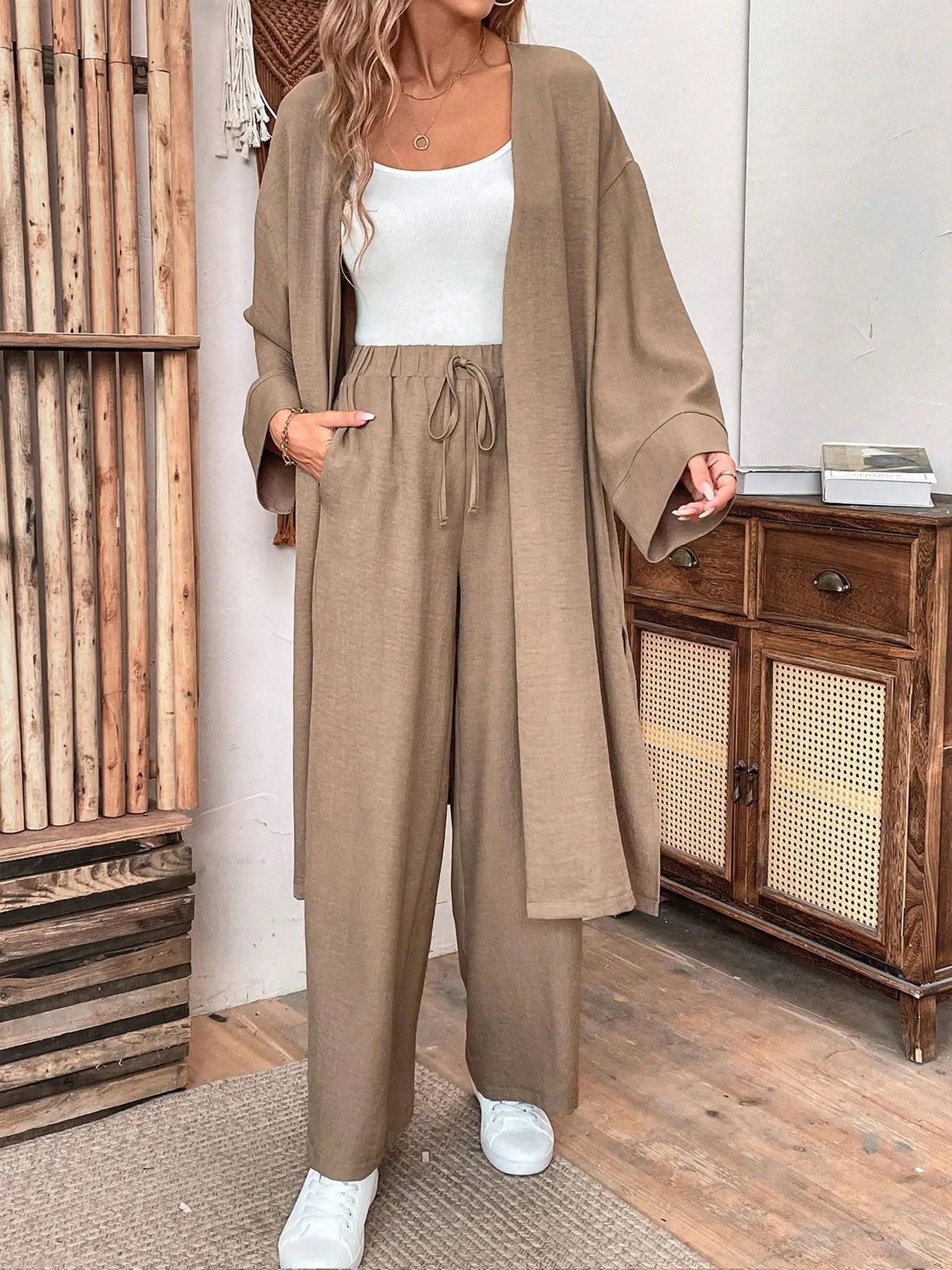 Clothes Autumn open-collar Solid Color Long Loose Top + Drawstring Wide-leg Trousers Trajes De Mujer Conjunto 2 Piezas Elegantes.