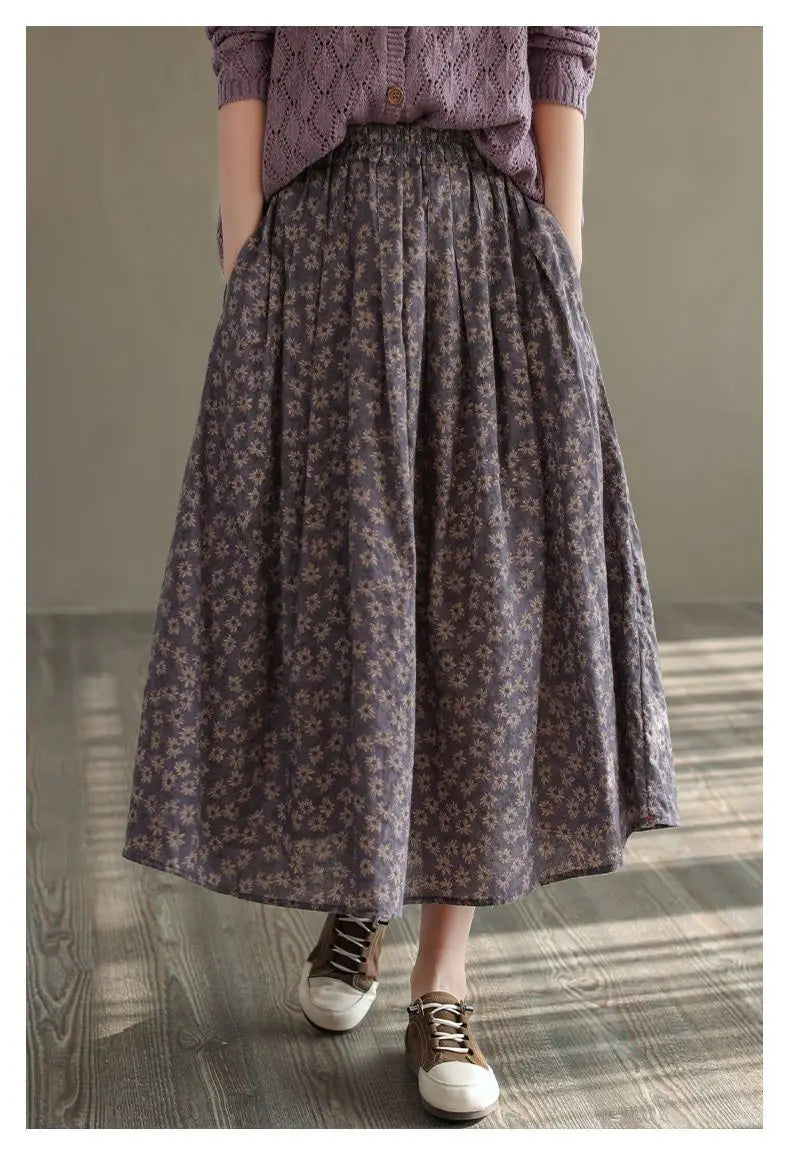 Women Casual Skirts New Arrival 2023 Autumn Vintage Style Floral Print Loose Comfortable Ladies Elegant A-line Long Skirt D536.