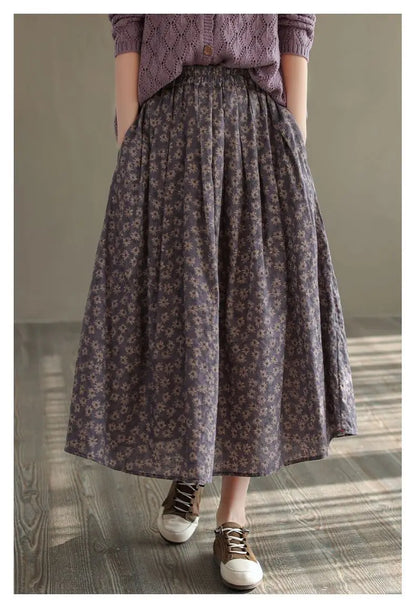 Women Casual Skirts New Arrival 2023 Autumn Vintage Style Floral Print Loose Comfortable Ladies Elegant A-line Long Skirt D536.