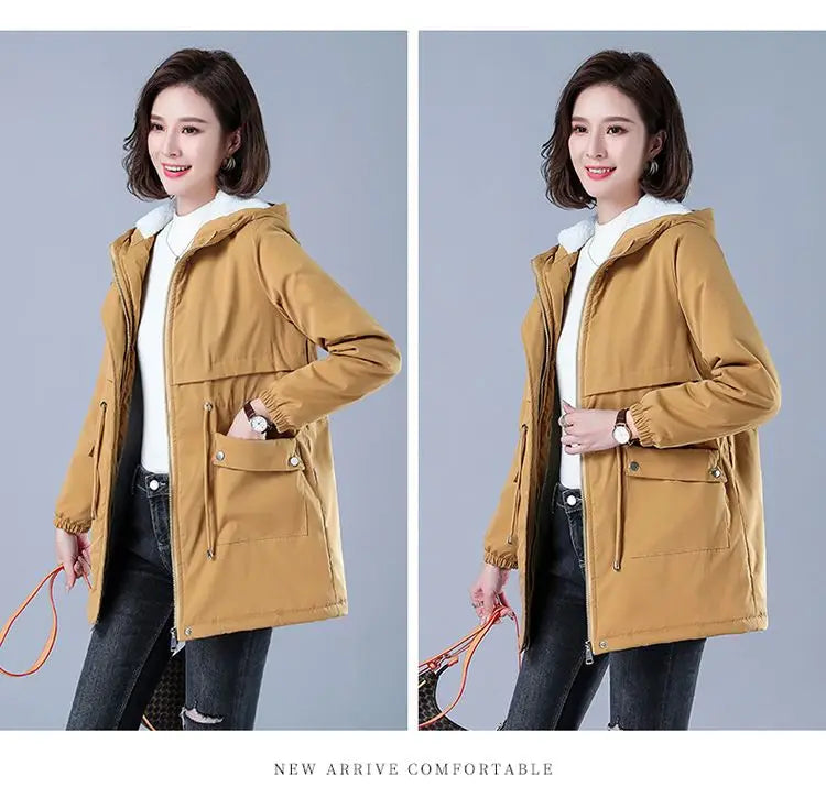 Fleece-gefütterte Kapuze, Daunenjacke, Wintermantel für Damen, warme, mit Kordelzug gepolsterte Parkas, mittellanger Mantel, Streetwear, gepolsterte Kleidung.