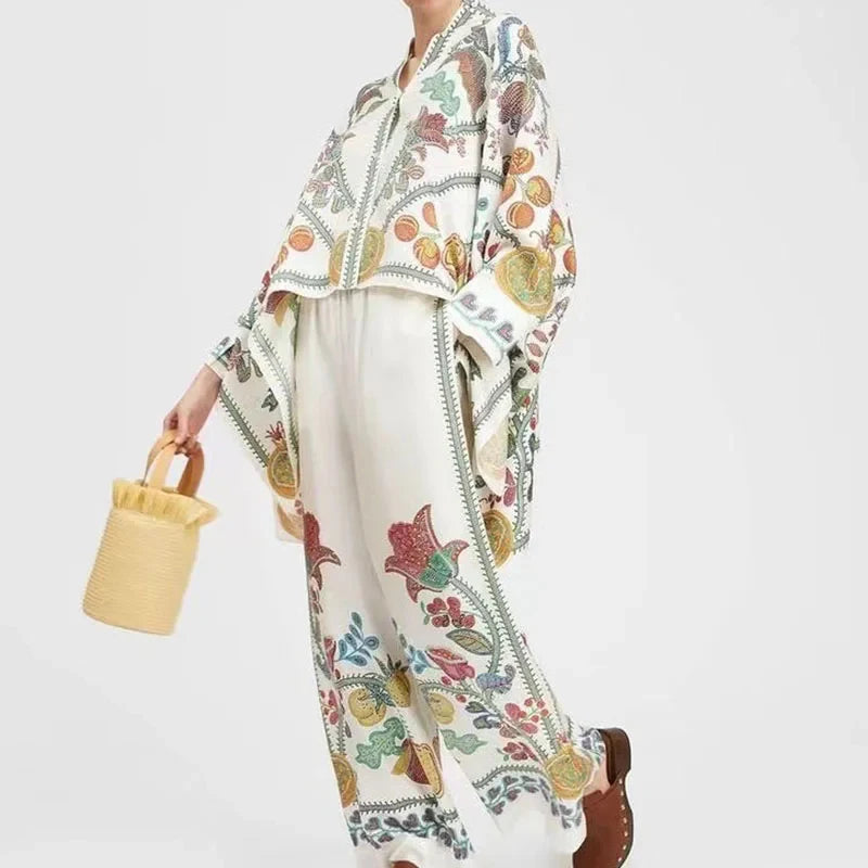 Retro Printed Loose Indie Folk Outfit Women Spring Stand Collar Button Irregular Top+Pant Set Fall Batwing Long Sleeve 2pcs Suit
