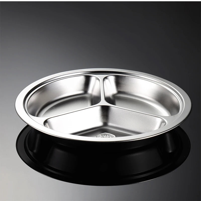 3 Grid Satinless Steel Food Plate Round School Kids Dish Trays Meal Sharing Dishes Set Service Table Student Main Dining Cutlery.