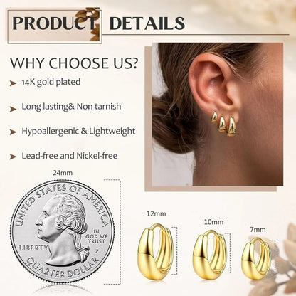 3Pairs Hoop Earrings Set for Women Gold Silver Plated Earring Hypoallergenic Small Huggie Hoops Lightweight Hoop Earrings Stack.