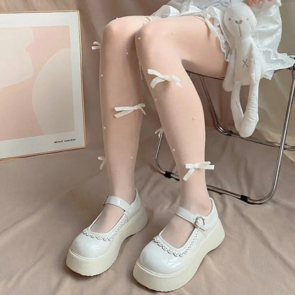 Sweet Pure Desire Butterfly Knot Stockings Pearl Pantyhose Women's Ultra Thin Any Cut Anti Snag Long Tube Socks