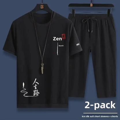 Summer Casual Ice Silk Short Sleeve T-Shirt Shorts Set for Men Fashionable Two-Piece Outfit Lightweight Sportswear Combo.