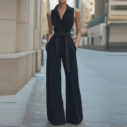 Elegant Lapel Collar Commuter Long Jumpsuits Women Casual Sleeveless Solid Romper Office Fashion Button Lace-Up Waist Playsuits.