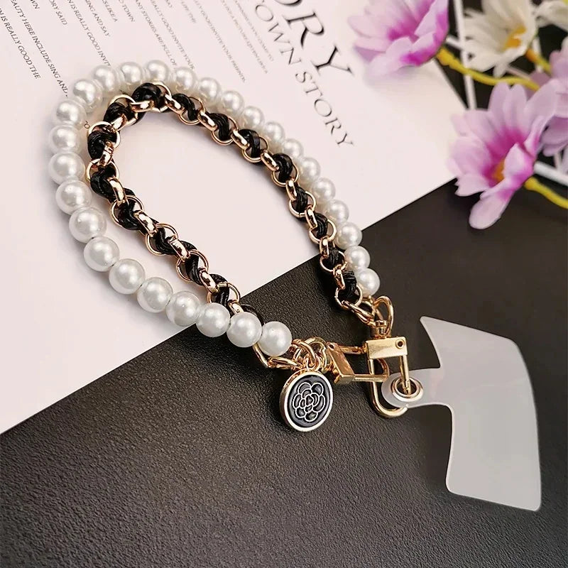 26cm Leather Pearl Camellia Mobile Phone Charm Bracelet Chain Anti-lost Universal Cell Phone Strap Rope Pendant Metal Key Chain.