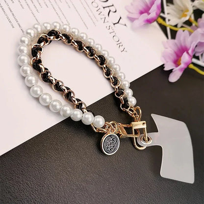 26cm Leather Pearl Camellia Mobile Phone Charm Bracelet Chain Anti-lost Universal Cell Phone Strap Rope Pendant Metal Key Chain.