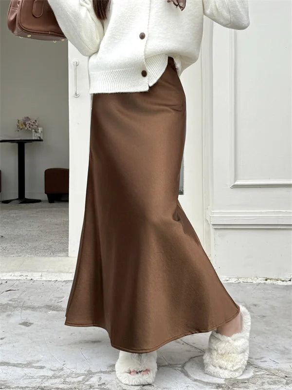 High Waist Women's Fleece-Lined Thickened Elegant Long Skirt Satin Mermaid Skirt Elegant Drapey Bodycon Skirt For Autumn Winter
