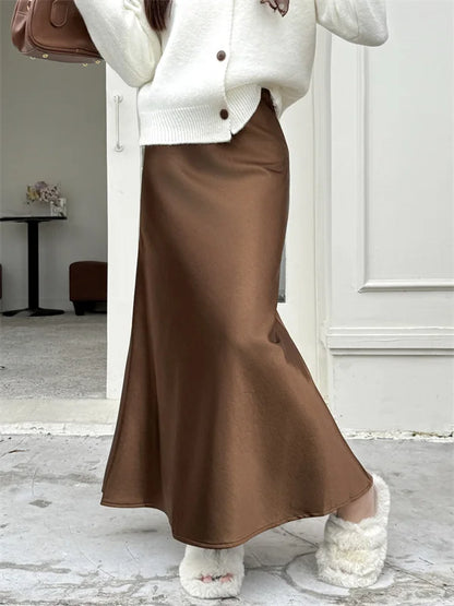 High Waist Women's Fleece-Lined Thickened Elegant Long Skirt Satin Mermaid Skirt Elegant Drapey Bodycon Skirt For Autumn Winter