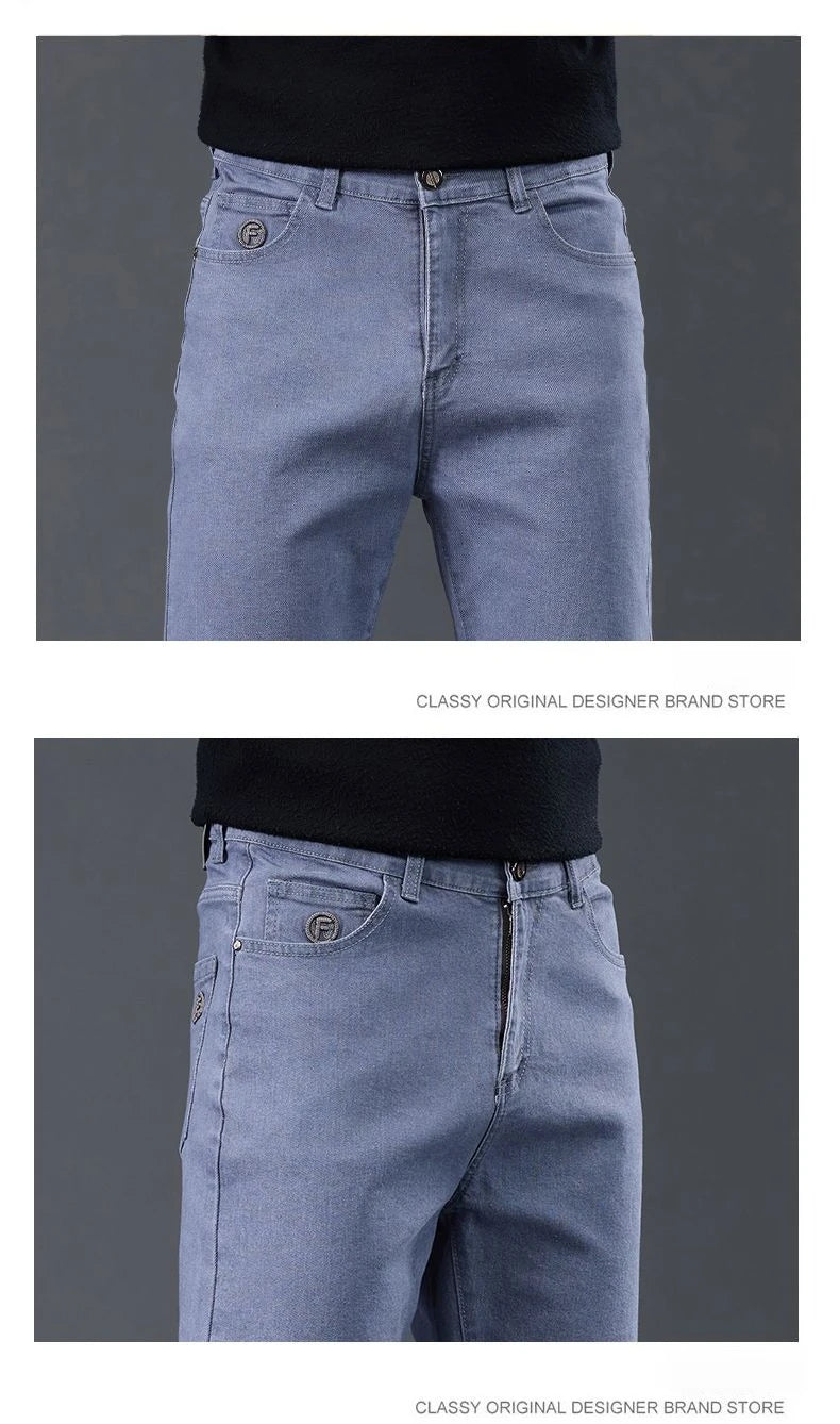 Male Brand Jeans Clothing Light Luxury Stretch Looes Fit Pants Comfortable Soft Business Fashion Straight Casual Denim Trousers