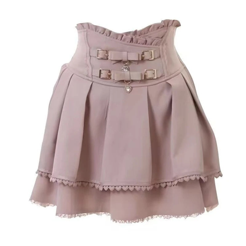 Sweet Lolita Jirai Kei High Waist Skort - Double Bow Buckle Short Skirt for Women Japanese Y2K Kawaii Fashion Summer Casual.