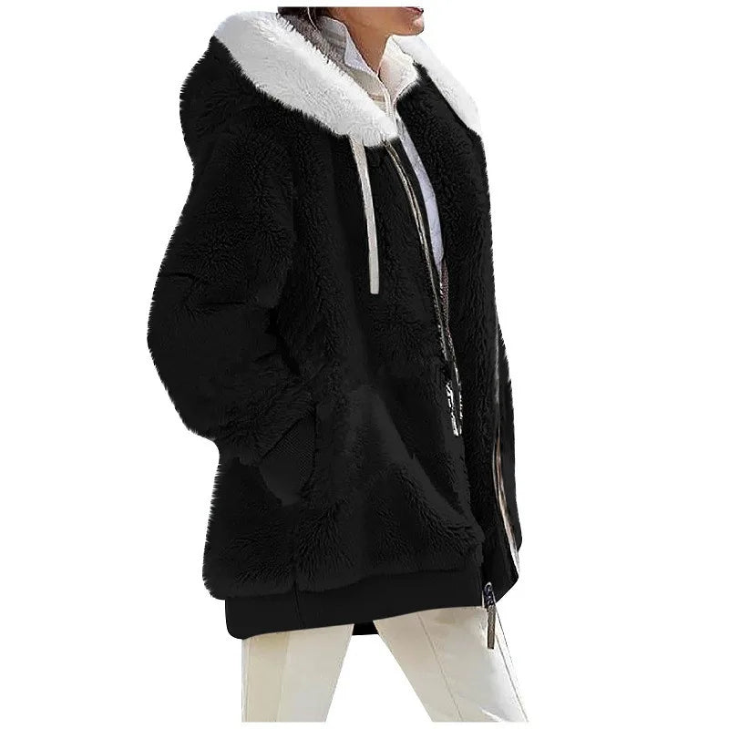 Herbst Winter Mode Damen mantel neue lässige Kapuze Reiß verschluss Dame Kleidung Kaschmir weibliche Fleece jacke einfarbige Damen mäntel