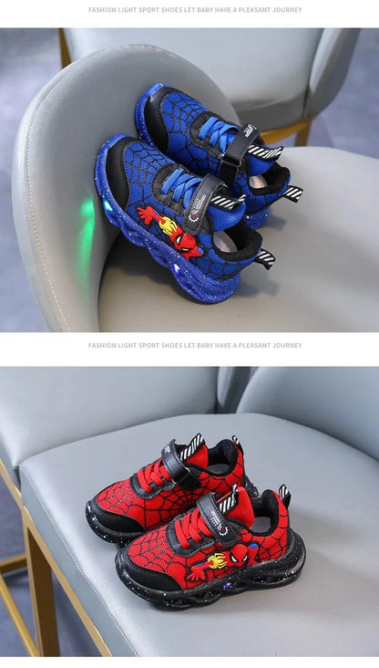 Disney LED Casual Sneakers Red Black For Spring Boys Spiderman Mesh Outdoor Shoes Children Lighted Non-slip Shoes Size 21-30.