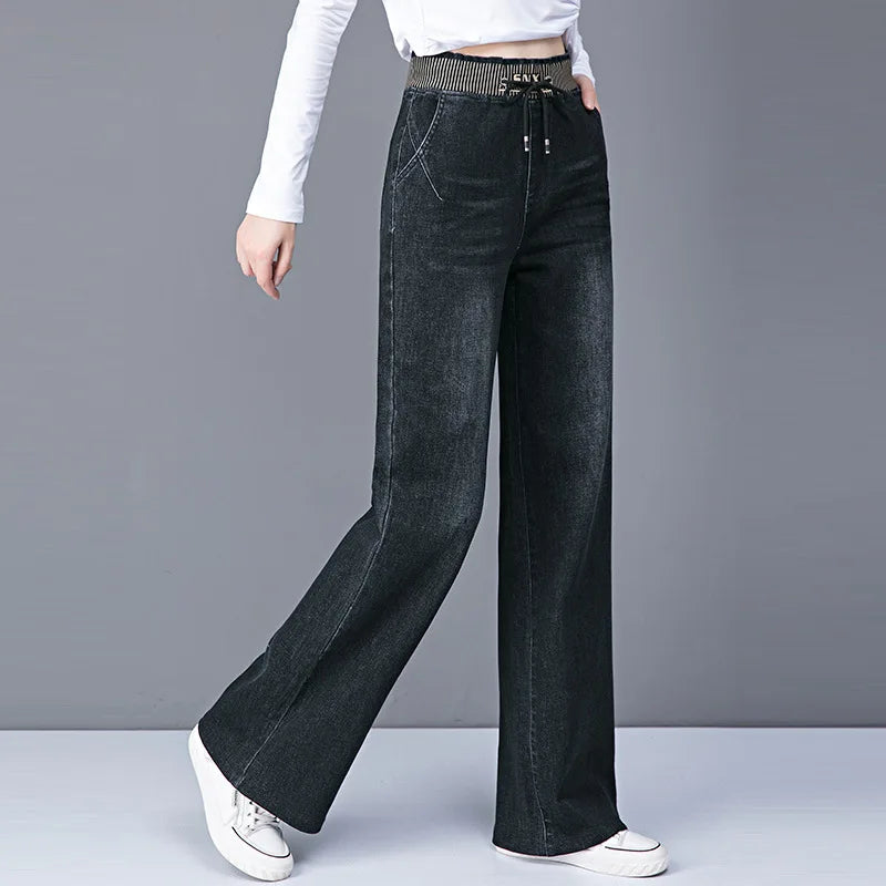 Women Elastic High Waist Straight Jeans Winter Warm Thicken Baggy Velvet Lined Wide Leg Denim Pants Korean Casual Vaqueros New.