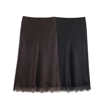 KONDALA Women Elegant Luxury Satin Lace Brown Black Skirt Long Straight Skirt 2025 New Spring Autumn Fashion Party Mujer Skirt.